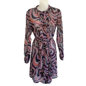 Banana Republic Sheer Paisley Long Sleeve Button Tie Dress Size 0 Blue Pink